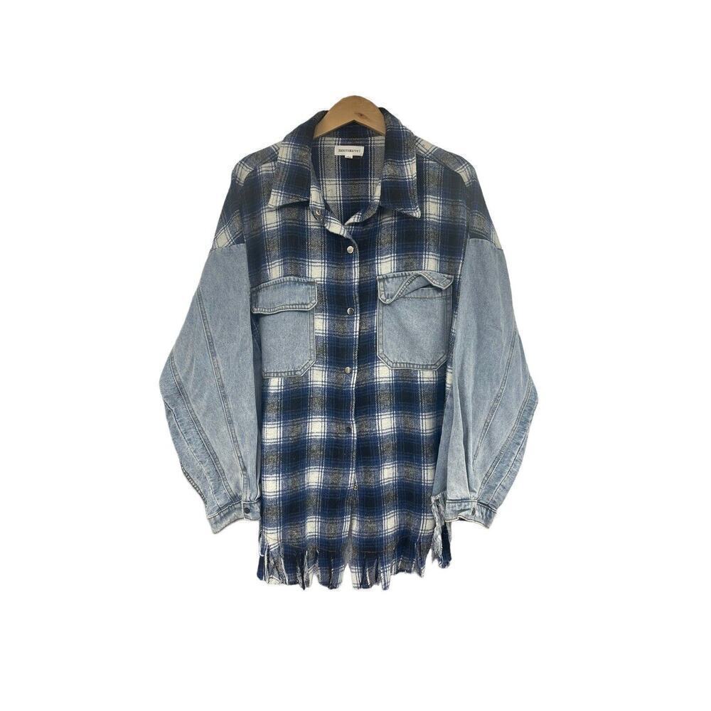 Vici Collection Dance & Marvel Blue Plaid Frayed Denim Jacket Shacket Large